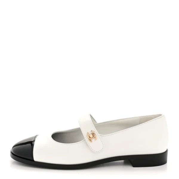 Chanel Mary Jane flats featuring a gold CC logo buckle
